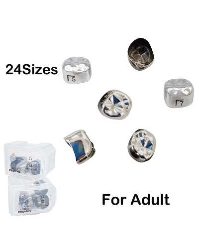 24Sizes Dental Adult Permanent Molar Crowns Stainless Steel Preformed Permanent Crown Teeth Refill Dentistry Supply 5Pcs/Box