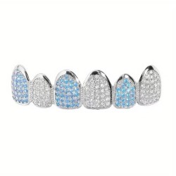 HipHop CZ Teeth Set For Unisex Blue Zircon Top Bottom Mouth Gold Silver Color Teeth Tooth Cap Removable Dental Fashion Jewelry