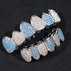 HipHop CZ Teeth Set For Unisex Blue Zircon Top Bottom Mouth Gold Silver Color Teeth Tooth Cap Removable Dental Fashion Jewelry