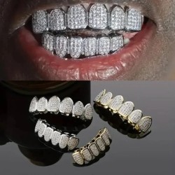 HipHop CZ Teeth Set For Unisex Blue Zircon Top Bottom Mouth Gold Silver Color Teeth Tooth Cap Removable Dental Fashion Jewelry