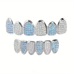 HipHop CZ Teeth Set For Unisex Blue Zircon Top Bottom Mouth Gold Silver Color Teeth Tooth Cap Removable Dental Fashion Jewelry