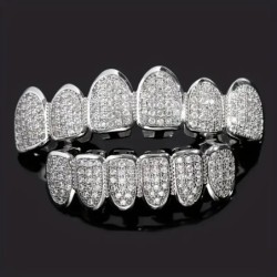 HipHop CZ Teeth Set For Unisex Blue Zircon Top Bottom Mouth Gold Silver Color Teeth Tooth Cap Removable Dental Fashion Jewelry