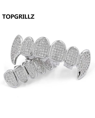 TOPGRILLZ New Fit Silver Plated CZ Micro Pave Top & Bottom GRILL SET Rhodium Teeth Grills Vampire Tooth Grillz