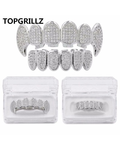 TOPGRILLZ New Fit Silver Plated CZ Micro Pave Top & Bottom GRILL SET Rhodium Teeth Grills Vampire Tooth Grillz