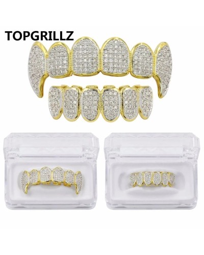 TOPGRILLZ New Fit Silver Plated CZ Micro Pave Top & Bottom GRILL SET Rhodium Teeth Grills Vampire Tooth Grillz