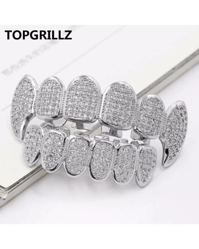 TOPGRILLZ New Fit Silver Plated CZ Micro Pave Top & Bottom GRILL SET Rhodium Teeth Grills Vampire Tooth Grillz
