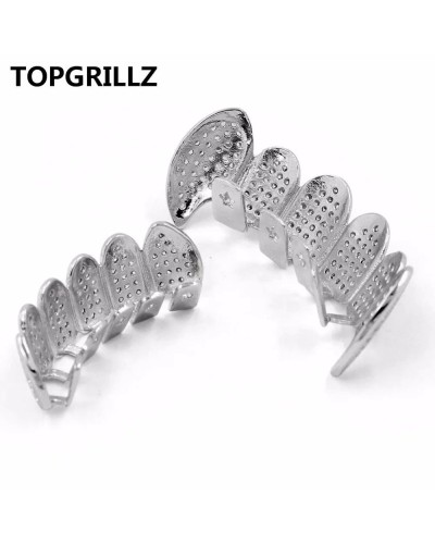 TOPGRILLZ New Fit Silver Plated CZ Micro Pave Top & Bottom GRILL SET Rhodium Teeth Grills Vampire Tooth Grillz